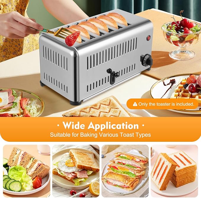 6 Slice Toaster 1.1in Wide Slot, Commercial Toaster with 2 Toasting Modes(4 or 6 Slices), 201 Stainless Steel Bread Baking Machine for Various Toast Types, 1680W 110V