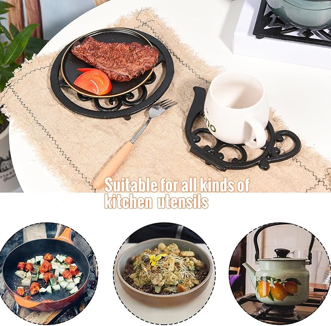 Sungmor Heavy Duty Cast Iron Trivet,Decorative Rustproof Black Trivet for Kitchen or Dinning Table,7.9" x 6" with Vintage Lovely Teapot Pattern
