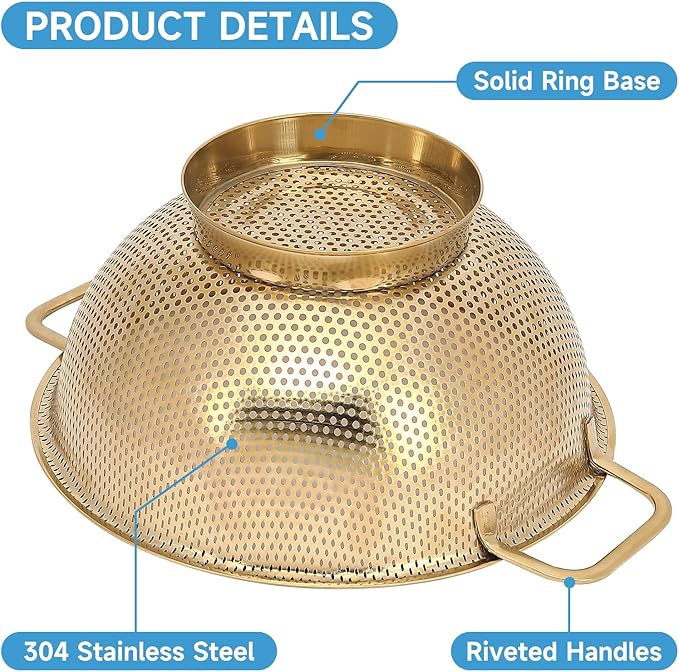 Gold Strainer for Kitchen, 5QT, Stainless Steel Colander with Handle for Fruits Vegetables Cooking Food, Dishwasher Safe