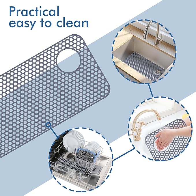 Silicone Sink Protectors for Kitchen Sink - 28.4"x 14.3" Kitchen Protector Accessory, Non-Slip Heat Resistant Mat for Bottom of Farmhouse Porcelain Stainless Steel (Top Right Drain Hole,Gray)