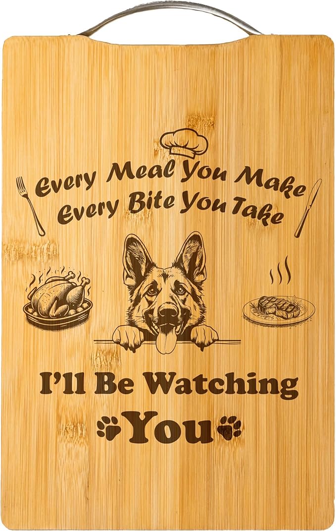 Personalized Engraved Bamboo Cutting Board, Funny Dog Gift for Dog Lovers, Holiday Gift, Handmade Kitchen Decor – I’ll Be Watching You (German Shepherd)