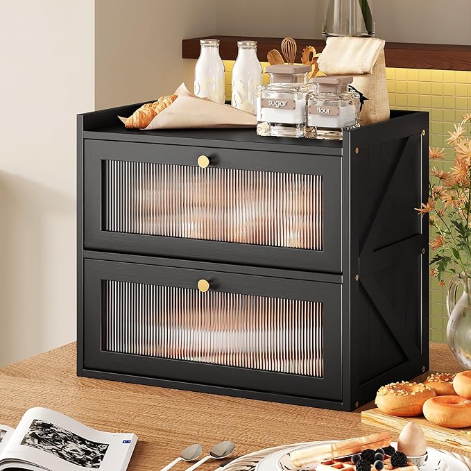 Double Layer Bread Box for Kitchen Counter Black Bread Storage Container with Acrylic Door Large Farmhouse Breadbox Organizer Bread Holder (Black)