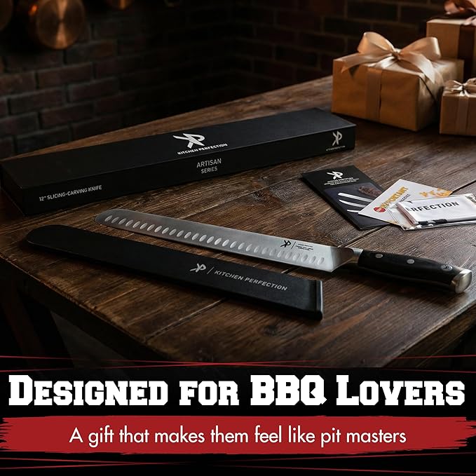 Kitchen perfection 12” Brisket Knife for Carving & Slicing Meat - Ultra Sharp Premium German Steel Granton Edge with Sheath, Full Tang Ergonomic Handle.For BBQ, Turkey & Ribs- Grilling Gifts for Men
