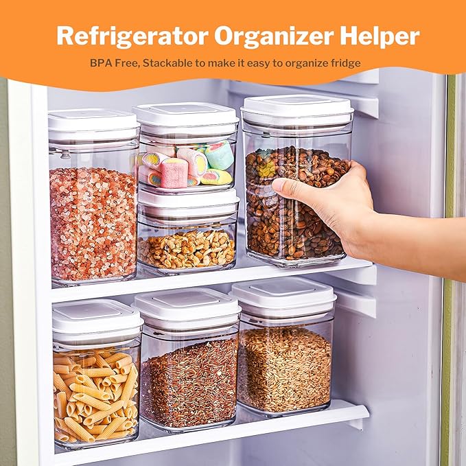 Pop Top Food Storage Container Set | 8Pcs Airtight Cereal Storage Organizer Canisters with Pop Lids, BPA-Free, Vacuum Seal & One-button Opening, Stackable Pantry Containers for Dry Food Storage