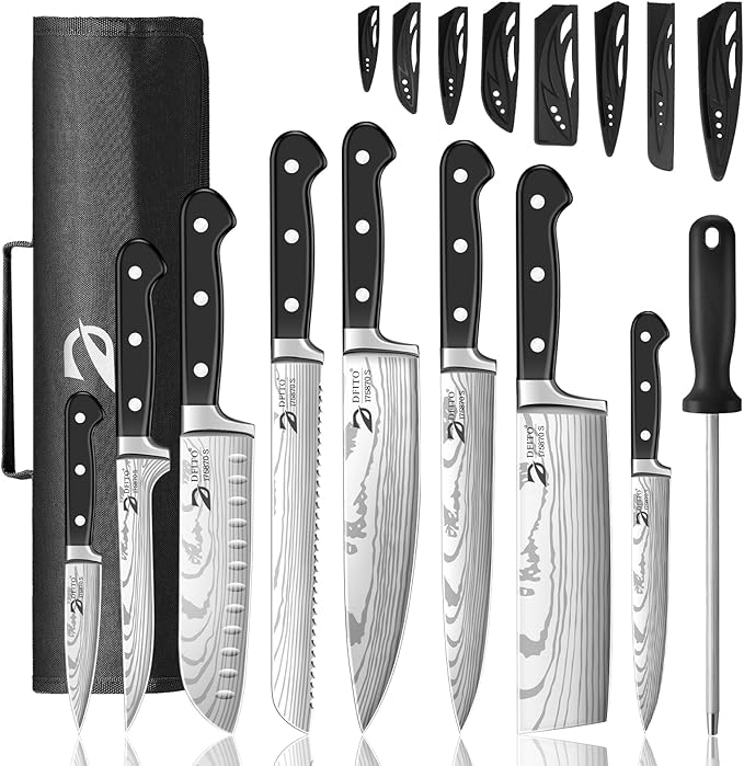 Dfito Chef Knife Set with Roll Bag, 9 Piece Professional Stainless Steel Japanese Kitchen Knife Set with Ergonomic Handle for Professional Chef, Dishwasher Safe, Camping, Travel, BBQ, RV or Gift Black
