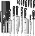 Dfito Chef Knife Set with Roll Bag, 9 Piece Professional Stainless Steel Japanese Kitchen Knife Set with Ergonomic Handle for Professional Chef, Dishwasher Safe, Camping, Travel, BBQ, RV or Gift Black