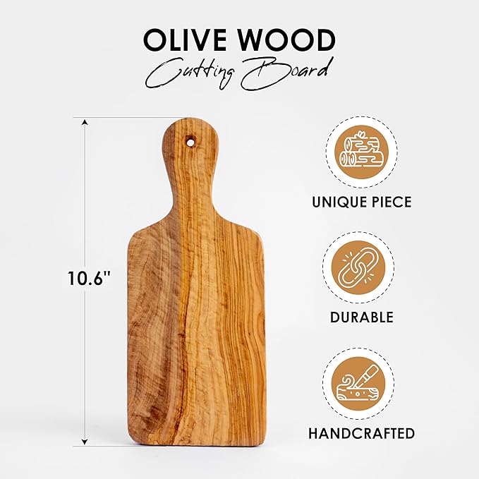 Olive Wood Cutting Board - 27cm (10.6") Handmade Chopping Board with Hanging Hole - Durable Mediterranean Kitchen Board for Cutting, Slicing, and Serving - Rustic Design with Beeswax Finish