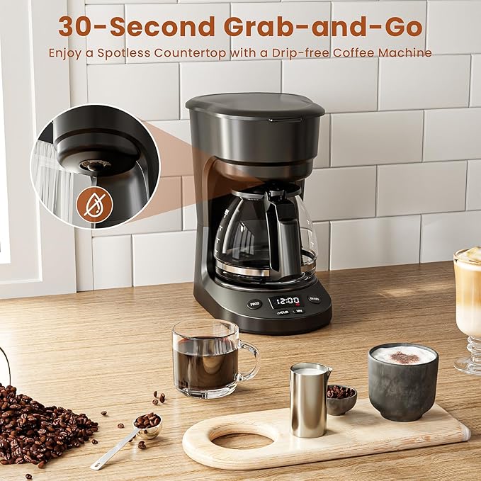 WAA 5 Cup Drip Coffee Maker, Portable Coffee Machine with Programmable Timer, Coffee Pots with Reusable Filter, Auto Shut-Off and Keep Warm Plate, Delay Brew, 25oz Water Tank, Black