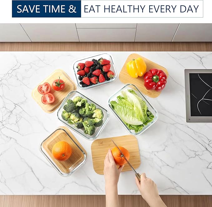 DE Glass Food Storage Containers with Bamboo Lids, (4, Pack 2 x 35oz & 2 x 51oz) Pack Meal Prep Glass Containers Safe for Microwave, Oven, Freezer and Dishwasher, BPA Free