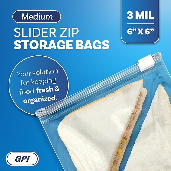 100 Count - Slider Zip Food Storage Sandwich Bags, 6" x 6" (1 Pint) 3 Mil Heavy Duty, Strong & Durable For Freezer Storage, For Sandwiches, Snacks & More. GPI