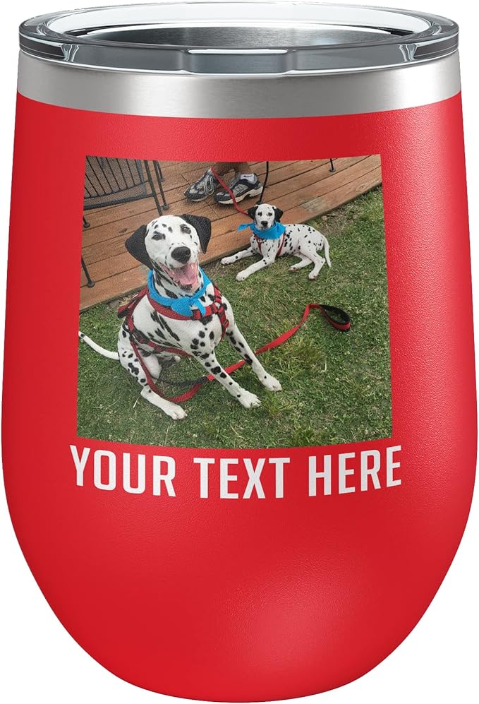 Personalized Mothers Day 12oz Photo Printed Insulated Stainless Steel Powder Coated Stemless Wine Tumbler with Lid, Customized Mum Gift Idea for Her, Custom Mom Coach Gifts Team (Red)