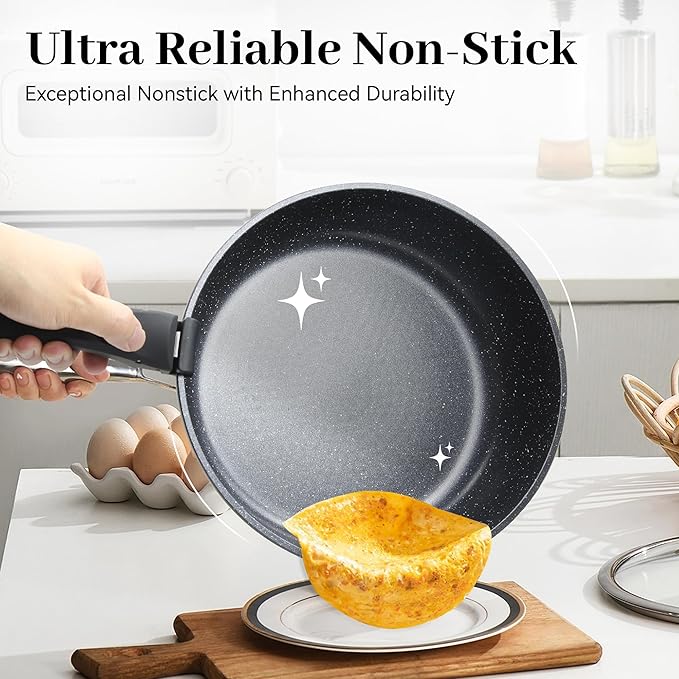 15PCS Pots and Pans Set Non Stick, Kitchen Cookware Sets with Detachable Handle, Ceramic Cookware Sets, Non Stick RV Cookware Cooking Set, Dishwasher ＆ Oven Safe, PFOA Free, Black