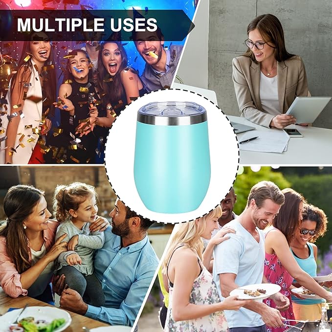 MEZMUT 12 Oz Insulated Wine Tumbler with Lid Double Wall Vacuum Stainless Steel Wine Glass Coffee Mug Insulated Tumbler Cup for Champaign, Cocktail, Beer (Teal, 4 Pack)