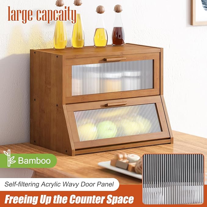 GHWIE Double Layer Bamboo Bread Box for Kitchen Counter,Large Capacity Bread Storage Bin,Bread Container with Acrylic Wavy Door Panel (Brown, Medium)