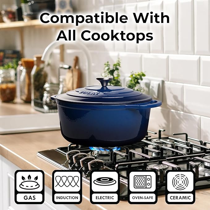 Zulay Kitchen 7.7 Quart Enameled Cast Iron Dutch Oven Pot with Lid – Premium Durability & Oven Safe up to 500°F – Heavy Duty Cookware Perfect for Bread Baking, Stews, Braising & Roasting – Blue