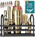 BARE BARREL® Mixology Bartender Kit Bar Set | 14-Piece Cocktail Shaker Set | Martini Barware Mixing Tools for Home Bartending | 35 Recipe Cards | Gift Set (24oz Cobbler Shaker, Gold/Black)
