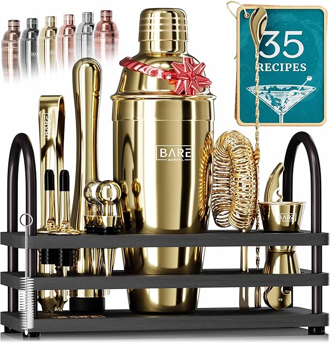 BARE BARREL® Mixology Bartender Kit Bar Set | 14-Piece Cocktail Shaker Set | Martini Barware Mixing Tools for Home Bartending | 35 Recipe Cards | Gift Set (24oz Cobbler Shaker, Gold/Black)