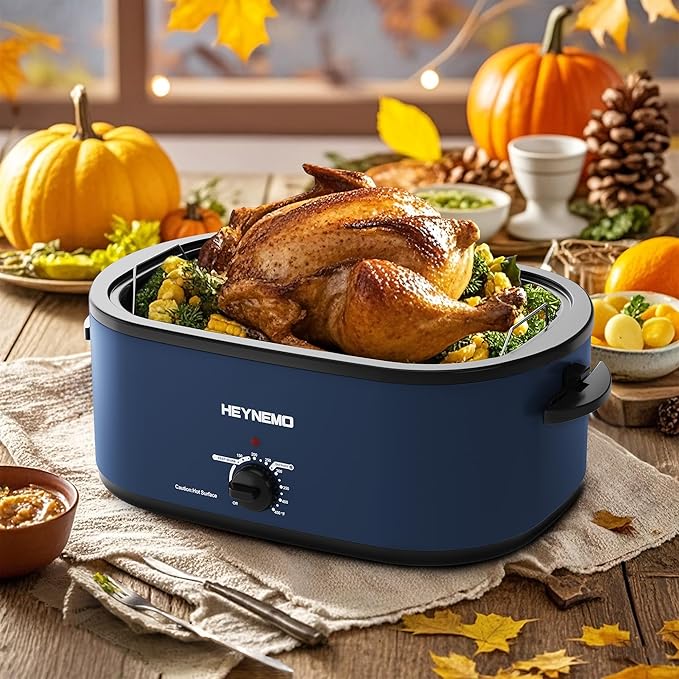 22 Quart Roaster Oven with Viewing Self-Basting Lid, Large Electric Turkey Roaster Oven with Defrost & Warm Function, Adjustable Temperature, Removable Pan & Rack, Stainless Steel, Blue