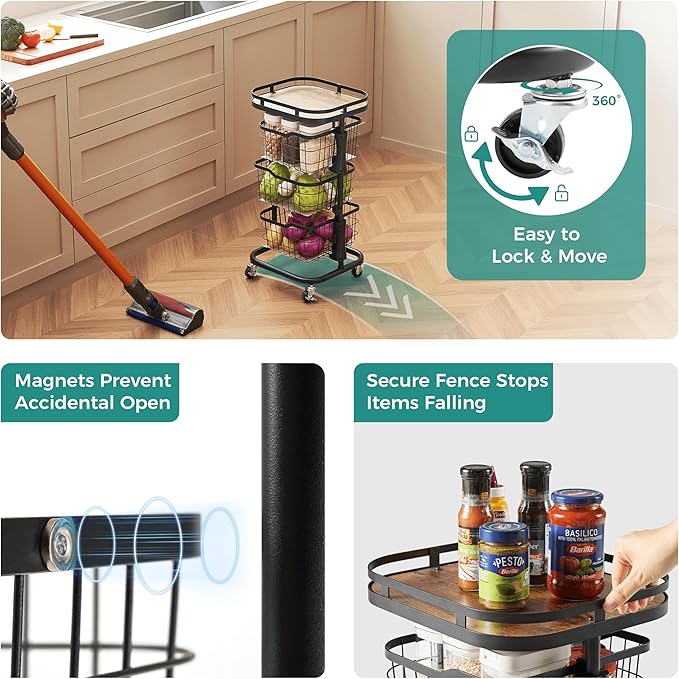 3 Tier Kitchen Fruit Vegetable Storage Cart with One-Piece Rotating Basket, Pantry Organizer Shelf Rack Floor Stand for Veggie Onion Potato Produce Spice, Rolling Snack Cart on Wheels, Black