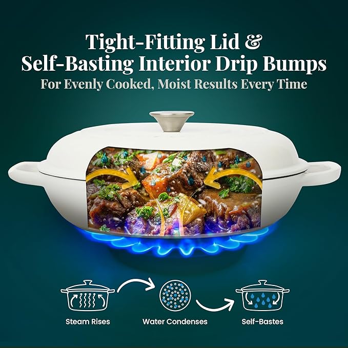 Larder & Vine Enameled Cast Iron Braiser | 3.6 qt Braiser Pan with Lid | Shallow Dutch Oven Compatible on All Cooktops | Casserole Dish Oven Safe to 500° F | Dual Handles | White
