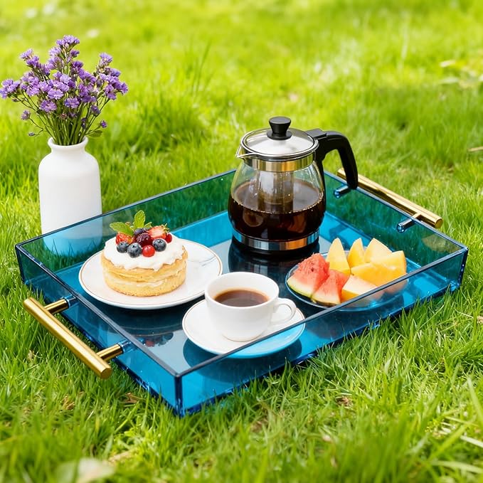 Acrylic Serving Tray with Handles Large Ottoman Food Decorative Tray for Coffee Table Tea Fruit Snack Kitchen Bar Platter, 17x13’’, Sky Blue