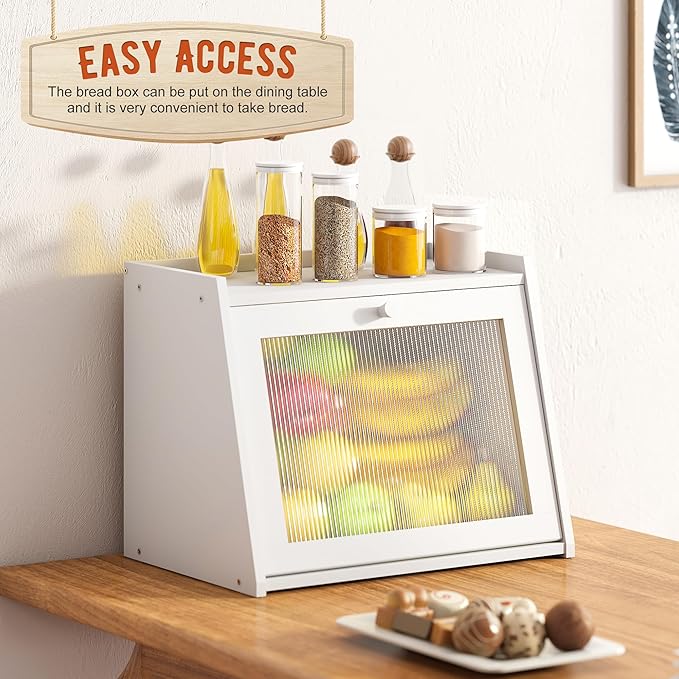 GHWIE Large Bread Box, Easy Access & Cleaning - Bamboo Bread Box for Kitchen Countertop with Acrylic Door (White, Large)