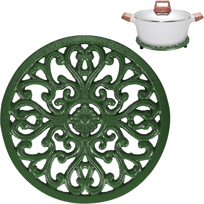 Sumnacon Cast Iron Trivet 6.7 Inch Iron Trivet for Hot Dish Pot Pan Plate Teapot,Heat Resistant Cast Iron Trivets with Rubber Feets for Kitchen Dining Table Cooktop Stove,Retro Green