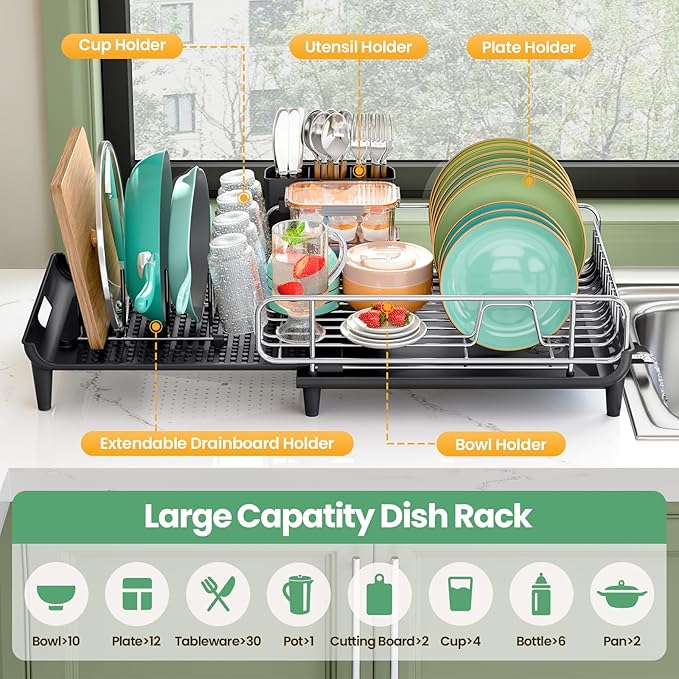 TOOLF Dish Drying Rack - Large Expandable Dish Rack for Kitchen Counter, Stainless Steel Dish Drainer for Kitchen Organization with Cutlery ＆ Cup Holder, Black