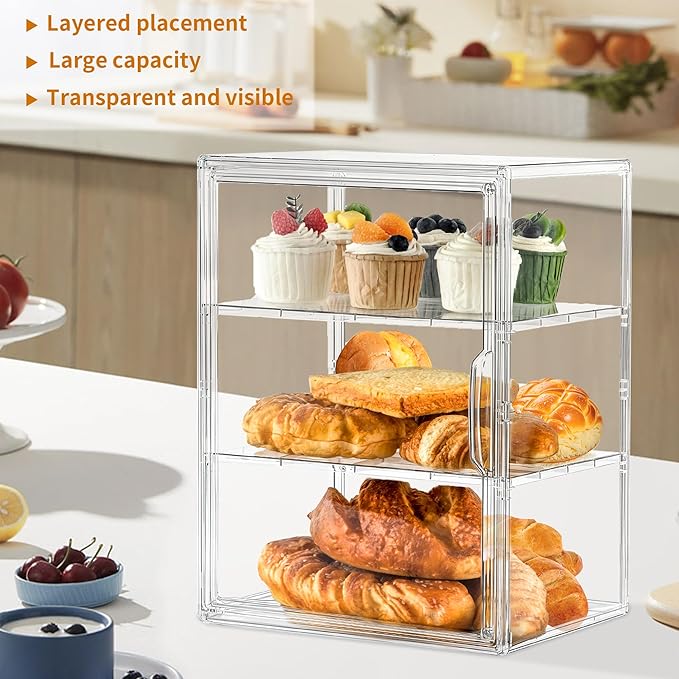 Bakery Pastry Display Case 3 Layer Large Clear Bread Box For Kitchen Countertop Bread Storage For Homemade Bread, 10.6" L x 8.7" W x 14.2" H, 2 Pack