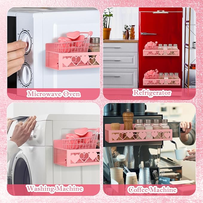 2 Pack Heart Magnetic Spice Rack for Refrigerator Metal Magnet Basket Shelf for Fridge Seasoning Storage Organizers Home Decor Kitchen Accessories (Pink)