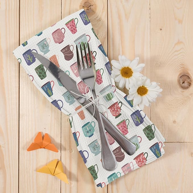 Modern Coffee Mugs Kitchen Dish Towels, Tea Lovers Gifts for Women Girls, Colorful Cute Cartoon Teacups Coffee Mugs Cups Hand Towels Kitchen Tea Towels Decorations, 16x24inch