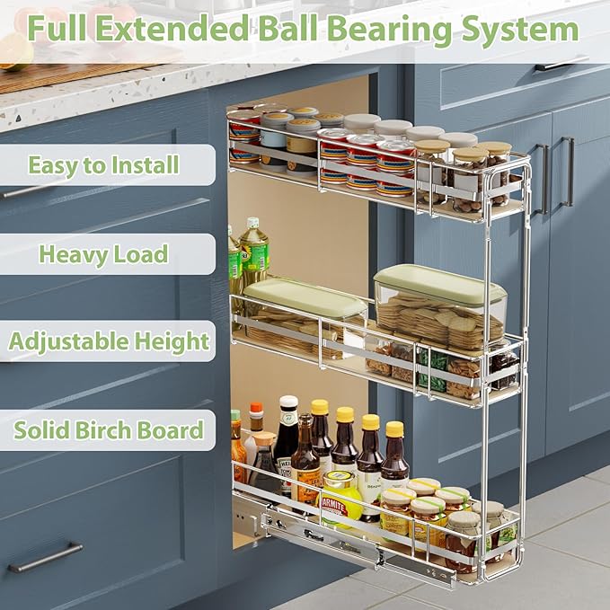 ROOMTEC 3-Tier Pull Out Cabinet Organizer Spice Rack for Narrow Cabinet 5" W x 20½" D, Slide Out Wood Shelves Storage for Kitchen