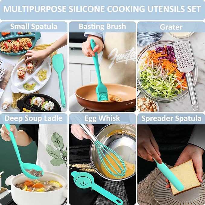 Silicone Kitchen Utensils Set, 16-Piece Silicone Cooking Utensils by Deedro, Heat Resistant Kitchen Tools Set with Holder, Nonstick Spatula Kitchen Gadgets for Cooking & Baking, Green