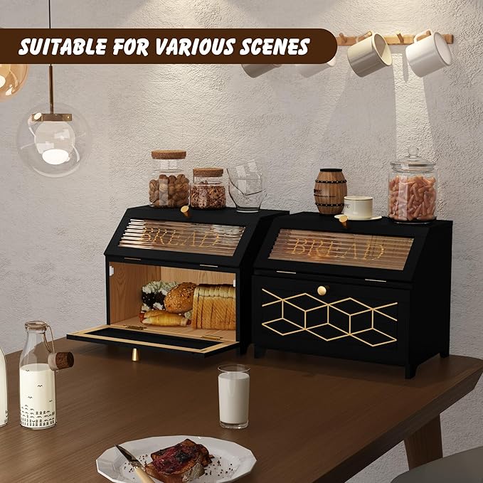 Double Layer Bread Box With Golden Trim for Countertop, Wooden Bread Container for Kitchen Counter, Corner Bread Storage (Black1)
