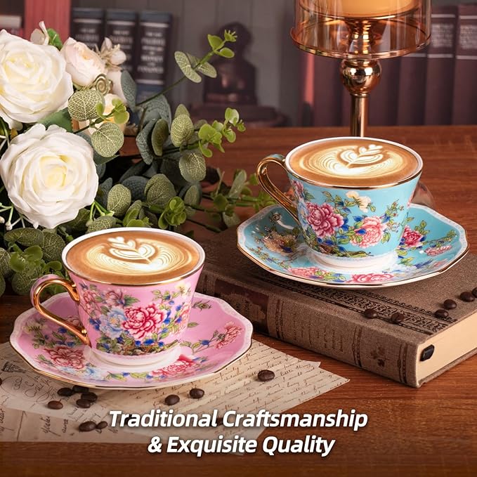 KAMMAK Ceramic Coffee Cups and Saucers Set of 2, Porcelain Espresso Cups with Saucers, 7oz Handcrafted Ceramic Floral Coffee and Tea Cup, Vintage Drinkware for Tea Party, Office, Women Gifts