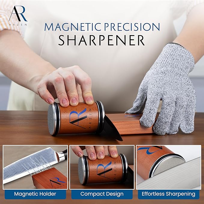 ARZEN Professional Rolling Knife Sharpener with Anti Cut Gloves – Kitchen Knife Sharpener with Magnetic 15° & 20° Angle Base, Replaceable Diamond & Ceramic Discs – Easy Knife Sharpening Tools