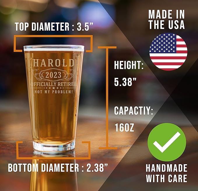 Personalized Etched 16oz Pint Beer Glass - Custom Engraved Gifts for Men Women, Brother Mom Dad, Customized Name Drinking Cup, Happy 40th Birthday, Turning Years Old for Him Her, Bday Party, Bernard