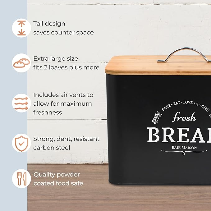 Extra Large Black Farmhouse Bread Box for Kitchen Countertop - Breadbox Holder Fits 2+ Loaves - Bread Storage Container Bin - Rustic Bread Keeper Vintage Metal Kitchen Decor (Black with Wood Lid)