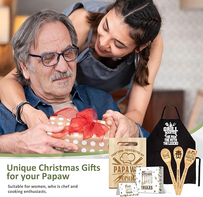 Papaw Gifts, Christmas Papaw Gifts from Grandkids, Gift for Papaw Wooden Cutting Board Utensils with Apron, Great Papaw Grandprents Day Father's Day Birthday Kitchen Gift