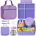 Bento Box for Kids with Thermo Food Container (9oz), 4-Compartment Lunch Box, Adjustable Divider, Leakproof Bento Lunch Box, Includes Utensils & Carry Bag for School, Office(Purple)