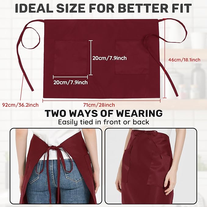 3 Pack Waist Apron with 3 Pockets, Unisex Black Waiter Aprons, Water Resistant Server Aprons for Restaurant Chef Bar