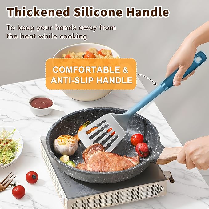 2 Pcs Silicone Stainless Steel Spatulas Set, Metal Spatula Solid & Slotted Turner, Heavy Duty Sturdy Spatula for Kitchen Use, High Heat Resistant Cooking Utensils for Fish Eggs Pancakes, Easy to Clean