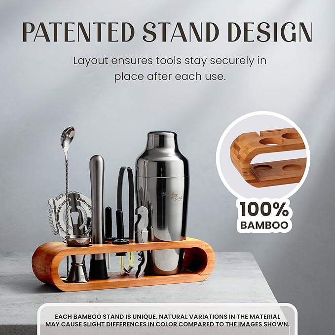 Mixology Bartender Kit: 10-Piece Bar Tool Set with Bamboo Stand | Perfect Home Bartending Kit and Martini Cocktail Shaker Set for a Perfect Drink Mixing Experience | Fun Housewarming Gift (Silver)