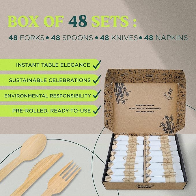 KOELHO'S Pre-Rolled Napkin and Cutlery Set 48-Pack 192 PCS | Bamboo Disposable Utensils 100% Biodegradable and Eco-Friendly | Wood Cutlery Set for Parties, Weddings, and Events