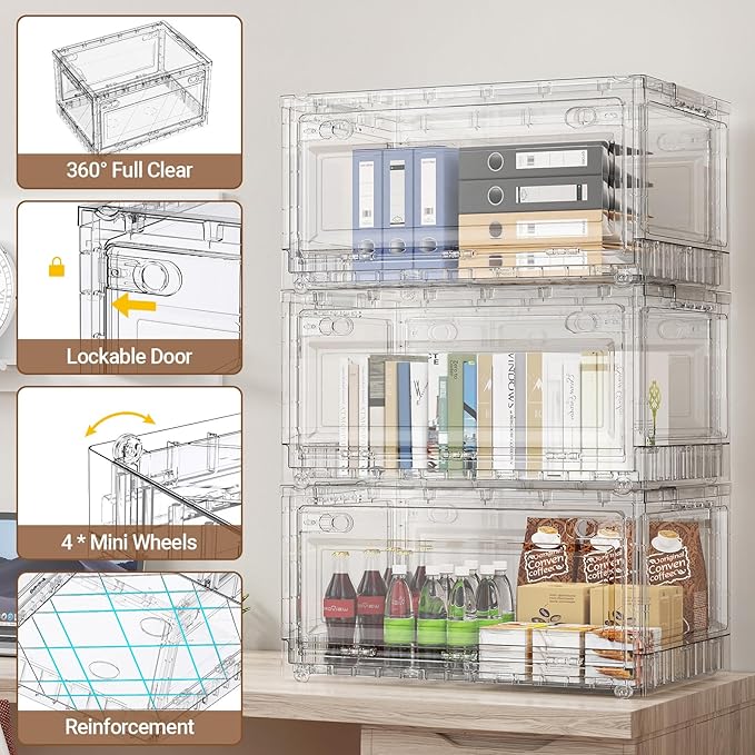 BROVIEW 160Qt Stackable Storage Bins with Lids Wheels, Crystal Clear Shiny Storage Cabinet Plastic Drawer Foldable Closet Organizers Display Box with Front & Back Doors, for Home Office Garage,2Pack