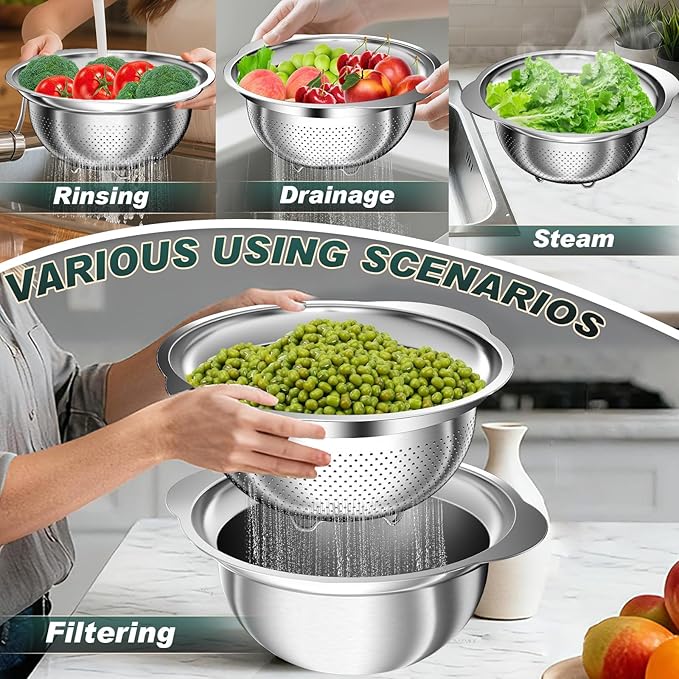 Colander for Kitchen - Stainless Steel Strainer - 3Pcs Strainers and Colanders with Handle, Kitchen Gadget, Food Strainer Basket for Pasta Noodles Spaghetti Vegetables Fruit, 2QT + 3QT + 3.5QT Bowl