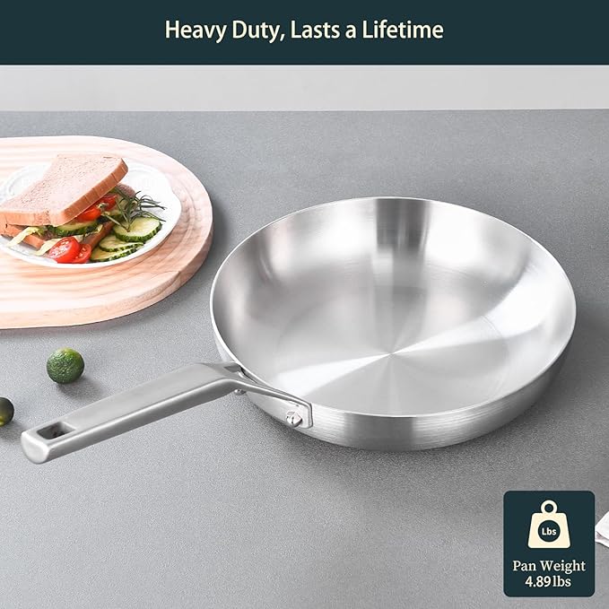 Tri-Ply Fully Bonded Stainless Steel 12Inch Frying Pan With Lid, Up to 600℉ Full Clad, Large Cooking Surface for Searing, Induction Ready, Dishwasher and Oven Safe