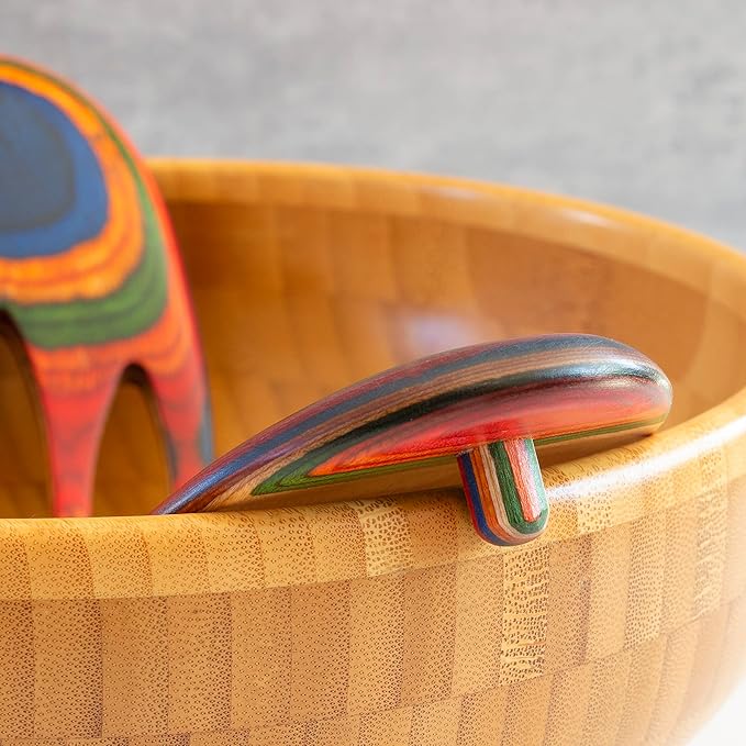 Totally Bamboo Baltique Marrakesh Collection Salad Hands Serving Utensil Set, Colorful Wooden Salad Servers