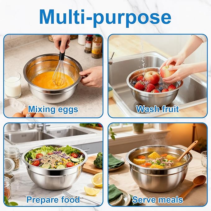 5 Pack Mixing Bowls with Lids, Stainless Steel Mixing Salad Bowls, Metal Nesting Bowl, Stackable Salad Serving Bowl for Kitchen Cooking Baking Prepping, Size 4.5, 2.5, 1.5, 1, 0.75QT, Black