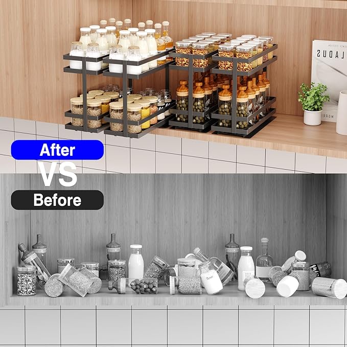 4 Pack Pull Out Spice Rack Organizer for Cabinet, 2 Tier Metal Slide Out Seasoning Organizer and Storage Heavy Duty Vertical Spice Rack Shelf Pullout for Kitchen Cabinets No Drilling (Black)